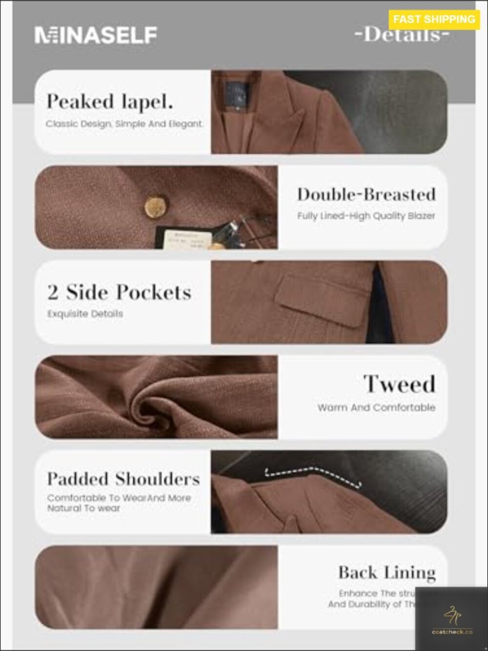 Plaid Tweed Blazer Jacket Fully Lined Business Casual Work Coat with Pockets - Picture 6 of 6